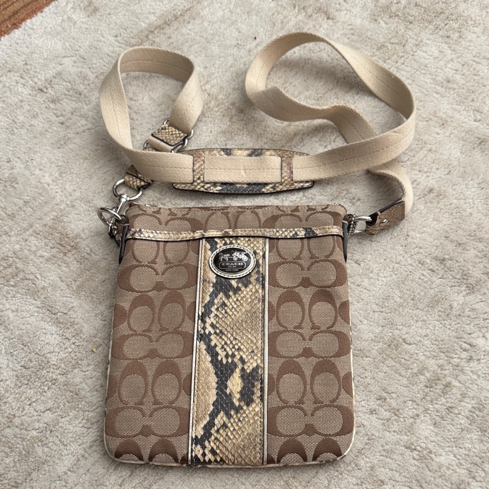 Coach Signature Brown and Tan Crossbody with Snake Print